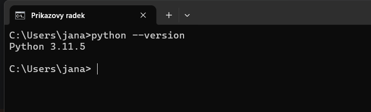 Příkazová řádka: po zadání „python --version“ vypsala „Python 3.11.5“