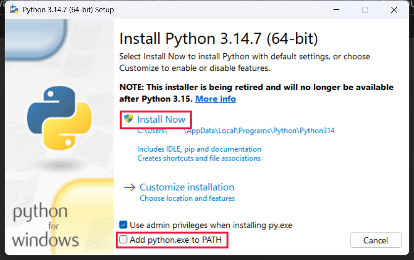 První obrazovka instalátoru Pythonu, zvýrazněné tlačítko Install Now a volba Add python.exe to PATH