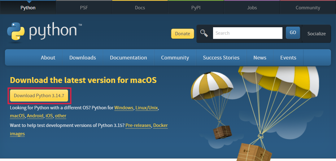 Stahovací stránka Pythonu pro macOS, zvýrazněné tlačítko Download Python