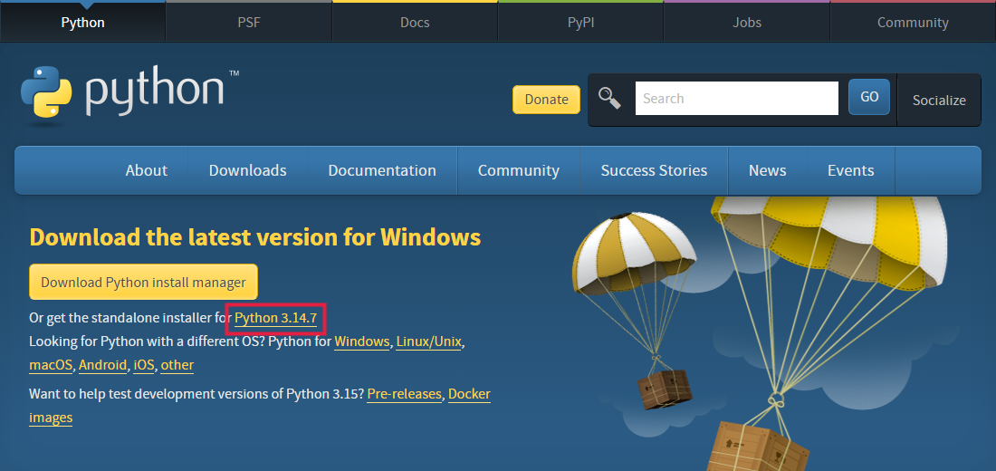 Stahovací stránka Pythonu, zvýrazněný odkaz na instalátor vedle textu „Or get the standalone installer for“