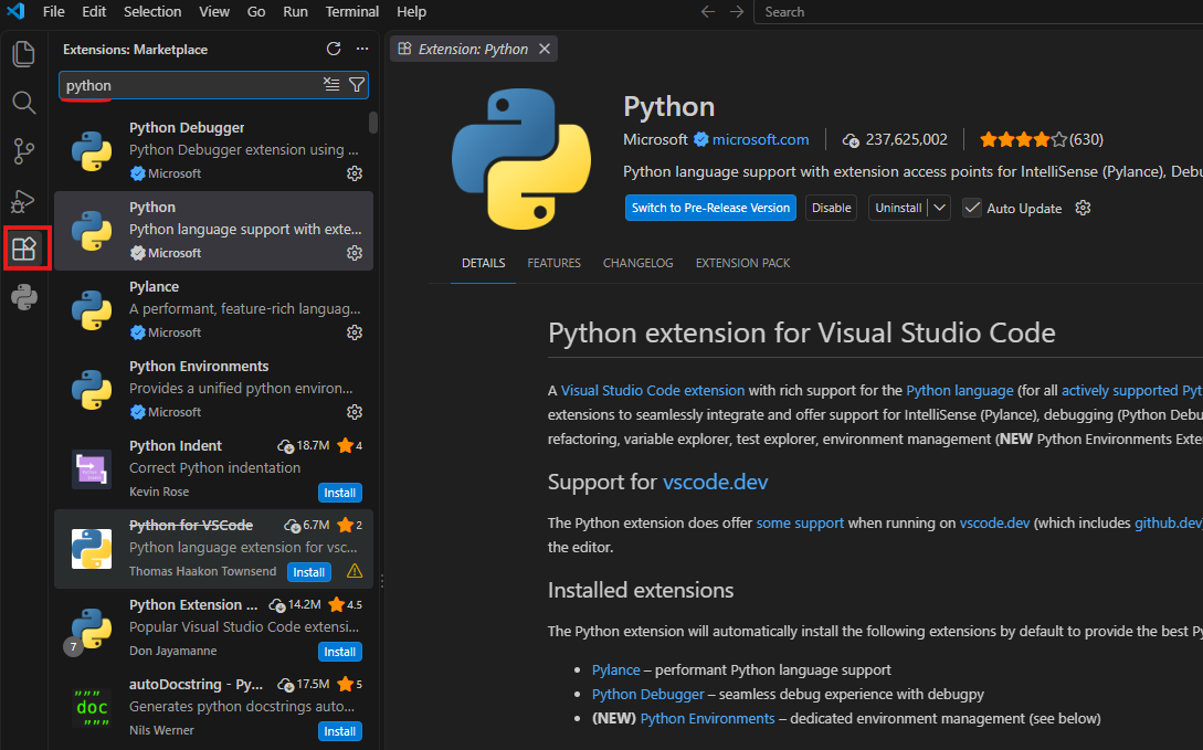 Panel Extensions ve VS Code s vyhledaným rozšířením Python od Microsoftu