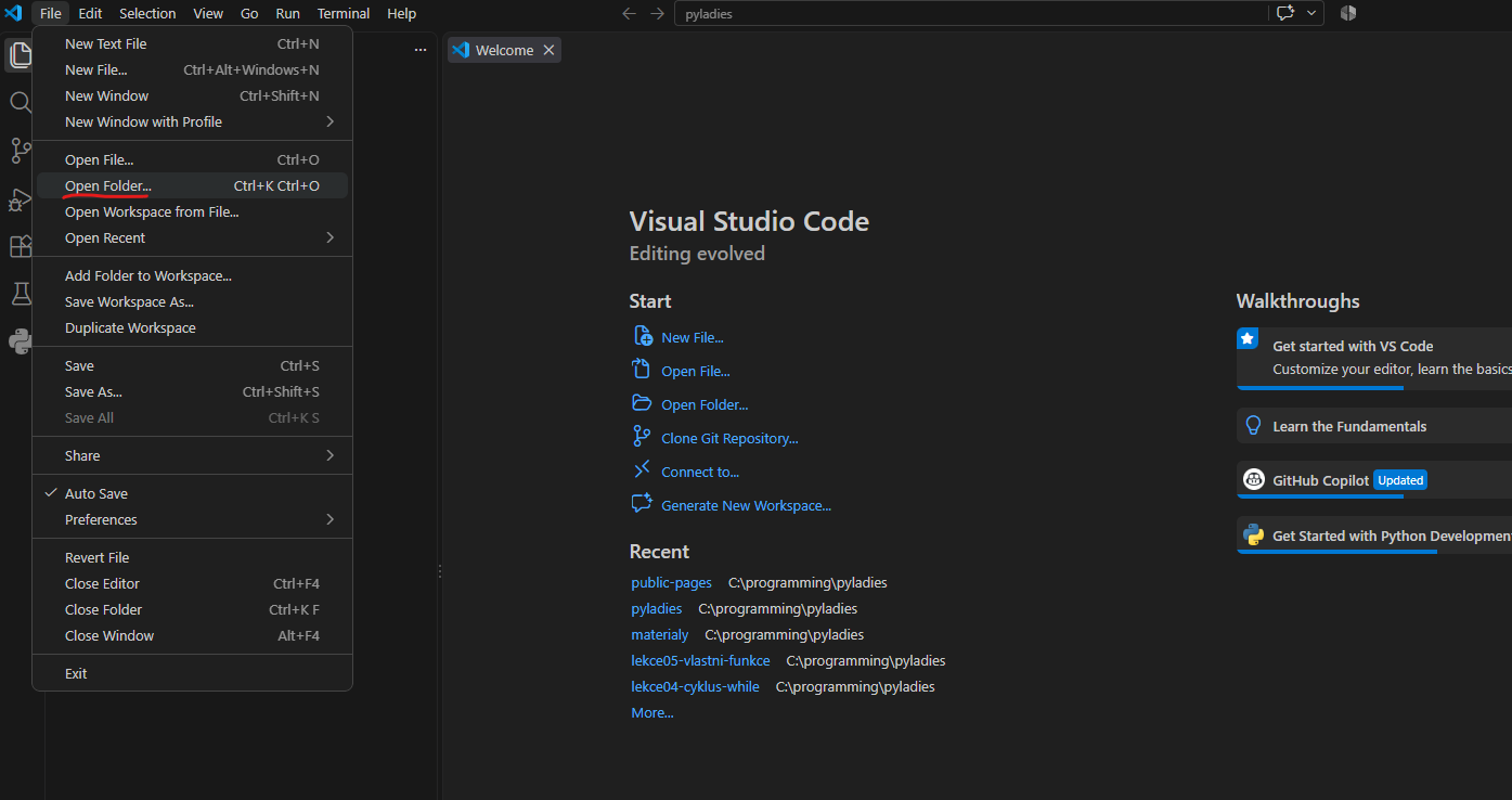 Menu File ve VS Code s vybranou položkou Open Folder