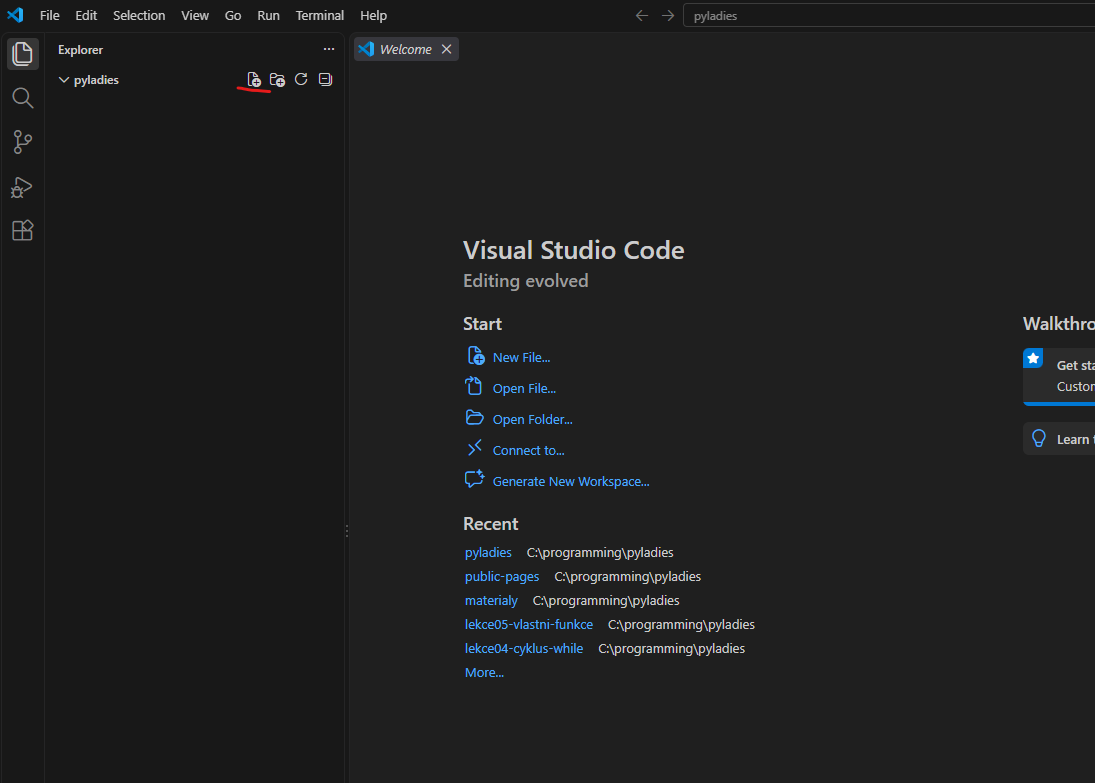 Panel Explorer se složkou pyladies a zvýrazněnou ikonou New File