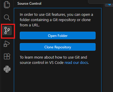 Panel Source Control ve VS Code s tlačítky Open Folder a Clone Repository