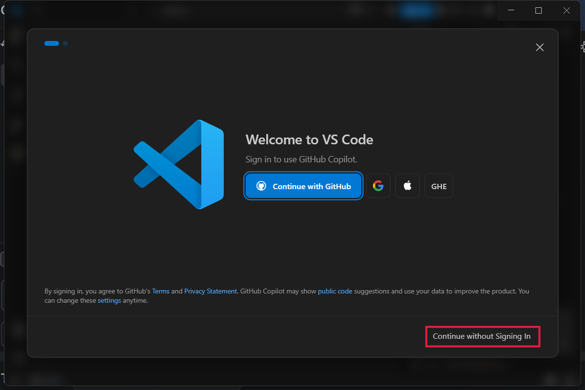 Uvítací okno VS Code se zvýrazněným odkazem Continue without Signing In