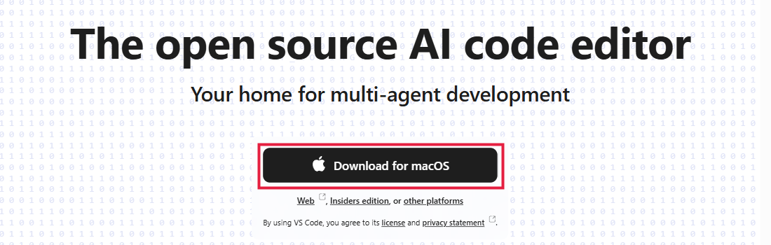 Stránka VS Code se zvýrazněným tlačítkem Download for macOS