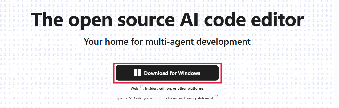 Stránka VS Code se zvýrazněným tlačítkem Download for Windows