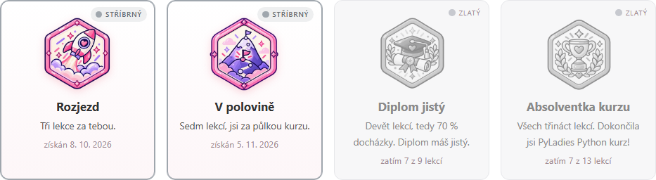 Odznaky Rozjezd, V polovině, Diplom jistý a Absolventka kurzu v profilu: první dva získané, další dva zatím šedé s počtem lekcí, které ještě chybí