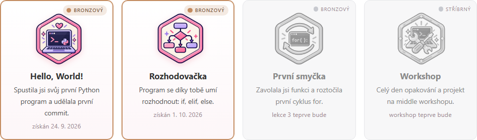 Čtyři odznaky v profilu: Hello, World! a Rozhodovačka získané, První smyčka a Workshop zatím šedé