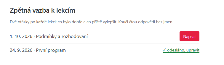 Sekce Zpětná vazba k lekcím v profilu účastnice: seznam proběhlých lekcí s tlačítkem Napsat a odkazem odesláno, upravit