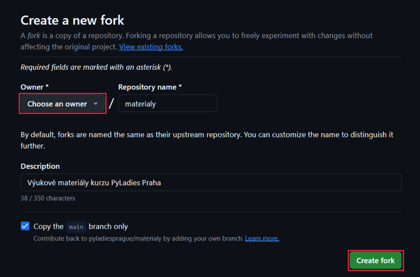 Formulář Create a new fork se zvýrazněným polem Owner a tlačítkem Create fork