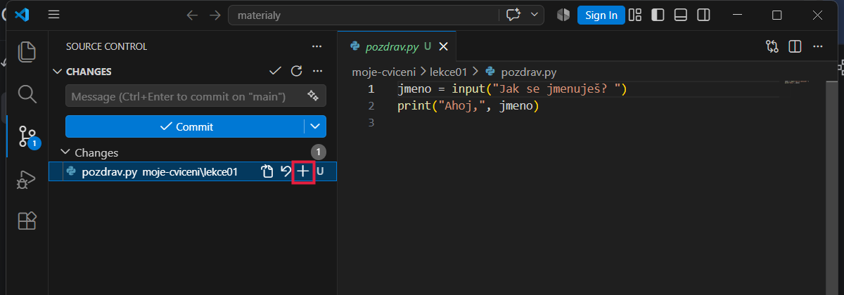 Panel Source Control se změněným souborem a zvýrazněnou ikonou plus