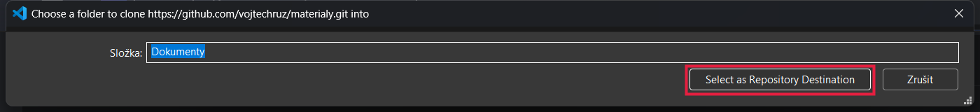 Okno výběru složky se zvýrazněným tlačítkem Select as Repository Destination