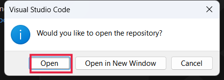 Dotaz Would you like to open the repository se zvýrazněným tlačítkem Open