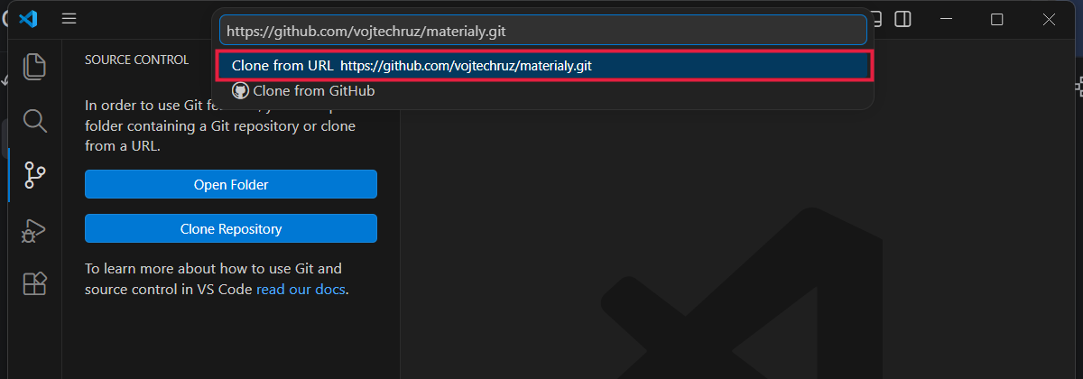 Řádek s vloženou adresou forku a zvýrazněnou nabídkou Clone from URL