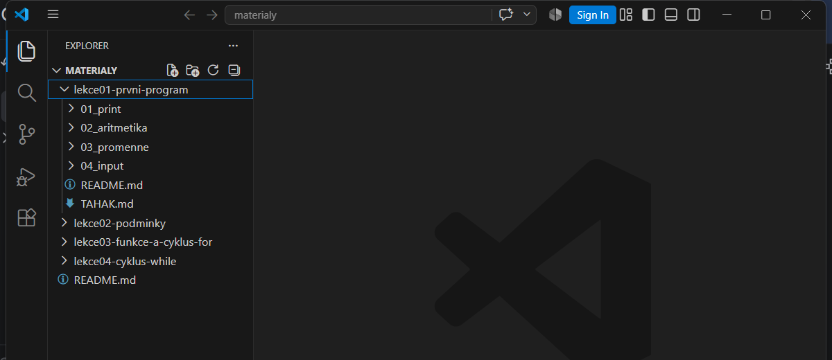 Panel Explorer se složkami lekcí a rozbalenou první lekcí