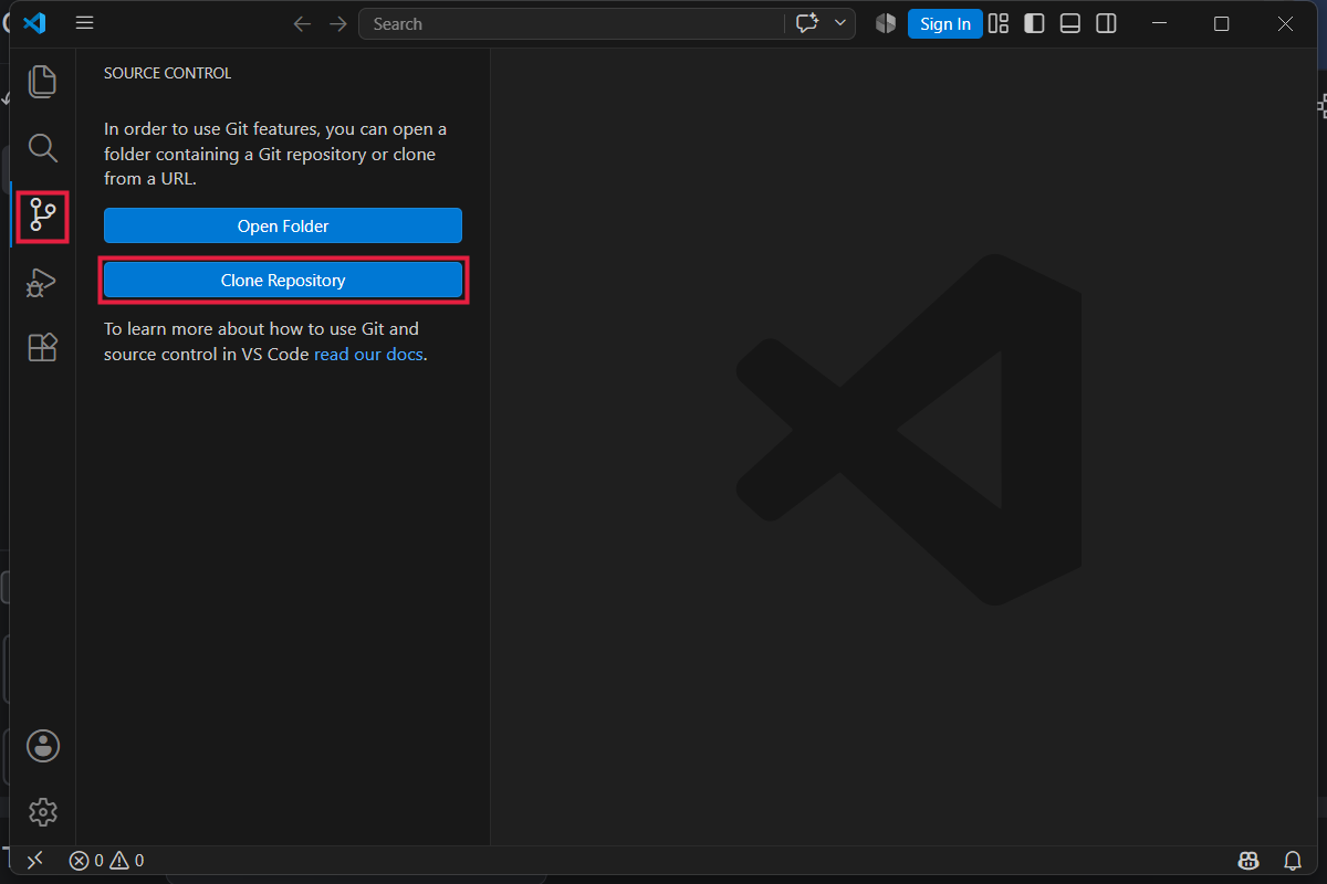 Panel Source Control se zvýrazněnou ikonou a tlačítkem Clone Repository