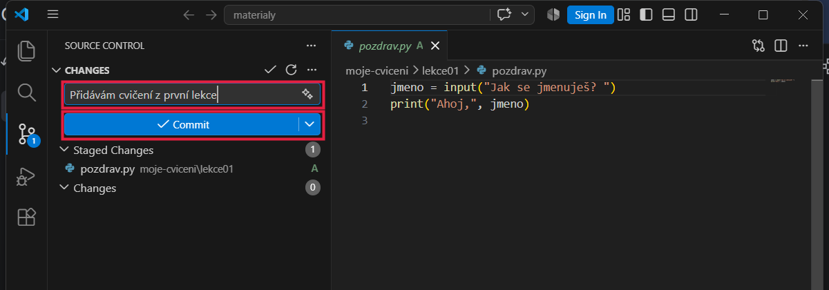 Panel Source Control s připraveným souborem, popisem změny a zvýrazněným tlačítkem Commit