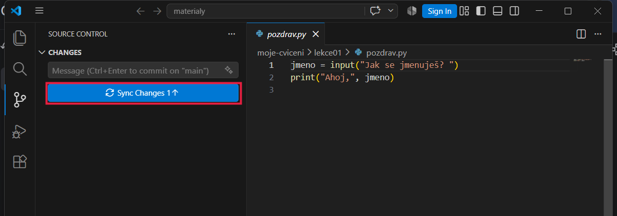 Panel Source Control se zvýrazněným tlačítkem Sync Changes